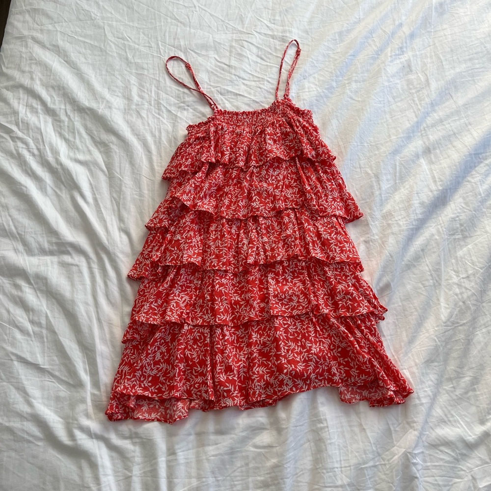 orange and white ruffle mini dress